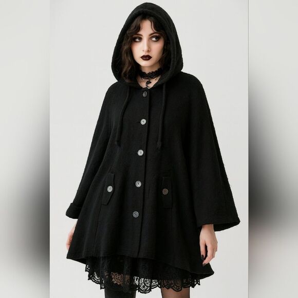 Wool Blend Jacket Cape Coat L Button Up Black Swing Whimsygoth Witchcore - Picture 1 of 8